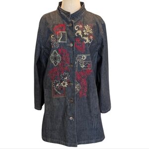 Units cotton denim floral geometric embroidered button up duster jean jacket. 1X